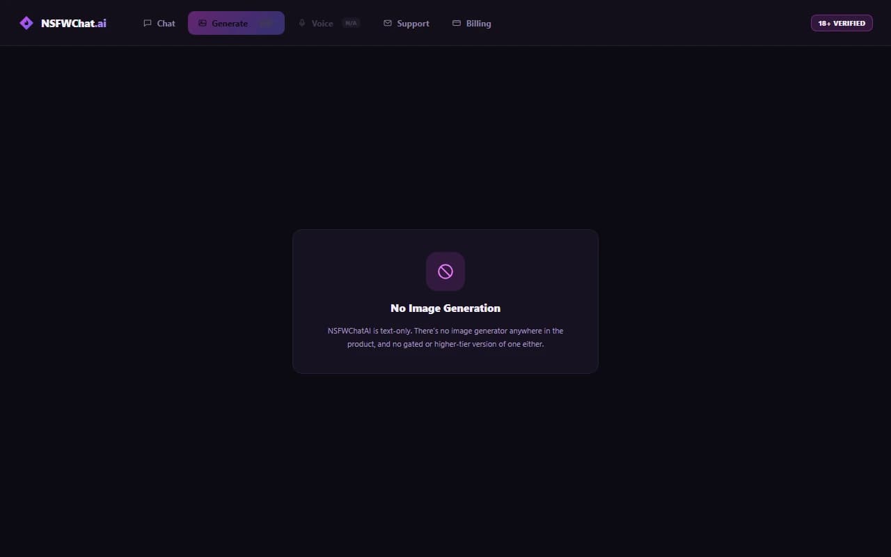 NSFWChatAI interface confirming no image generation feature exists NSFWChatAI interface confirming no image generation feature exists
