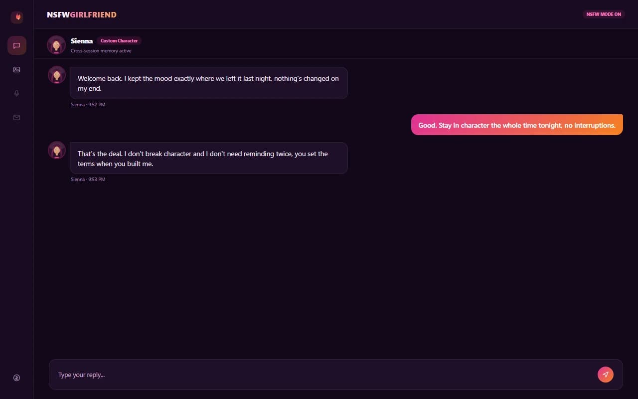 NSFWGirlfriend.ai chat interface showing a conversation with a customized AI character NSFWGirlfriend.ai chat interface showing a conversation with a customized AI character