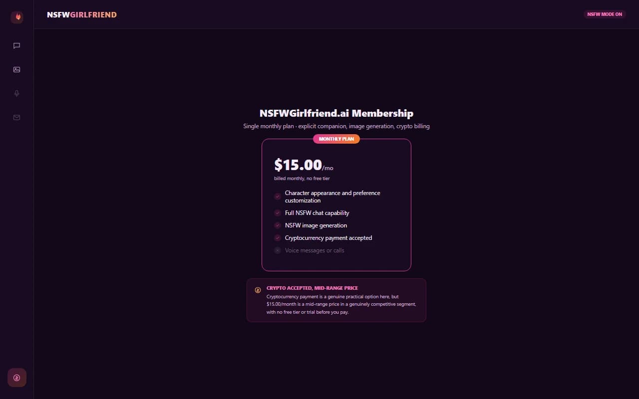 NSFWGirlfriend.ai pricing page showing the monthly subscription plan and cryptocurrency payment option NSFWGirlfriend.ai pricing page showing the monthly subscription plan and cryptocurrency payment option