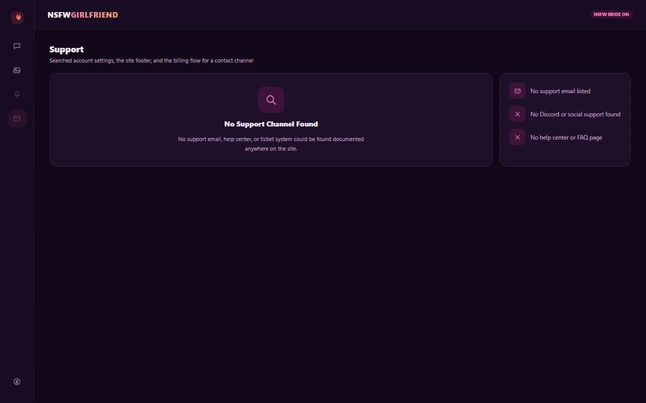 NSFWGirlfriend.ai account settings screen showing no dedicated support channel NSFWGirlfriend.ai account settings screen showing no dedicated support channel