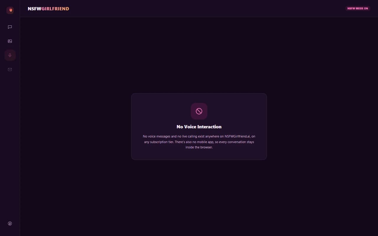 NSFWGirlfriend.ai interface showing no voice messaging or calling option available NSFWGirlfriend.ai interface showing no voice messaging or calling option available