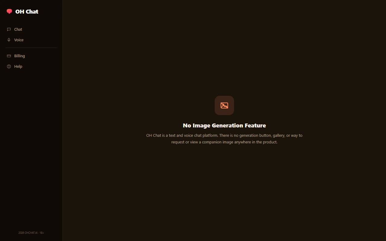 OH Chat screen showing no image generation feature available on the platform OH Chat screen showing no image generation feature available on the platform