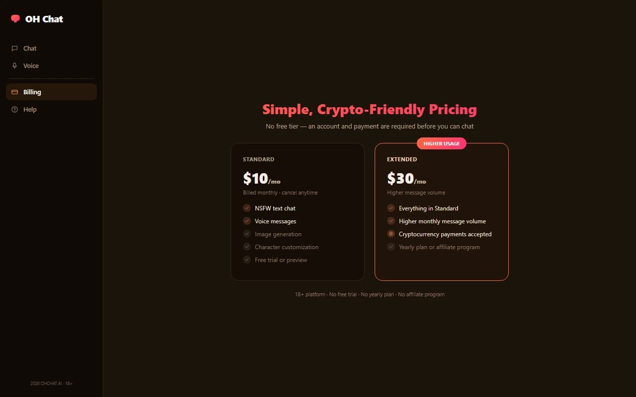 OH Chat subscription pricing plans with cryptocurrency payment option OH Chat subscription pricing plans with cryptocurrency payment option