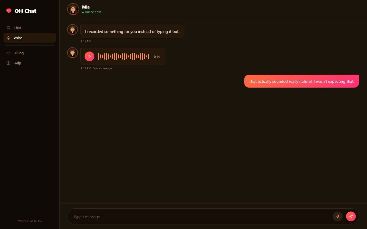 OH Chat conversation showing a voice message bubble with waveform and duration OH Chat conversation showing a voice message bubble with waveform and duration