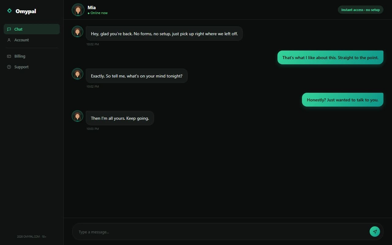 Omypal chat interface showing a realistic-style conversation with an AI companion Omypal chat interface showing a realistic-style conversation with an AI companion