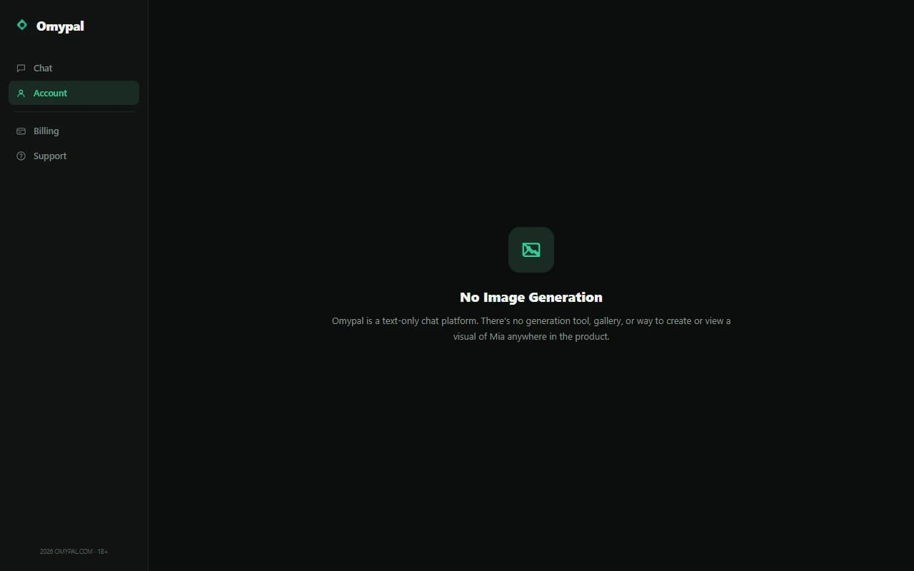 Omypal account screen showing no image generation feature is available Omypal account screen showing no image generation feature is available