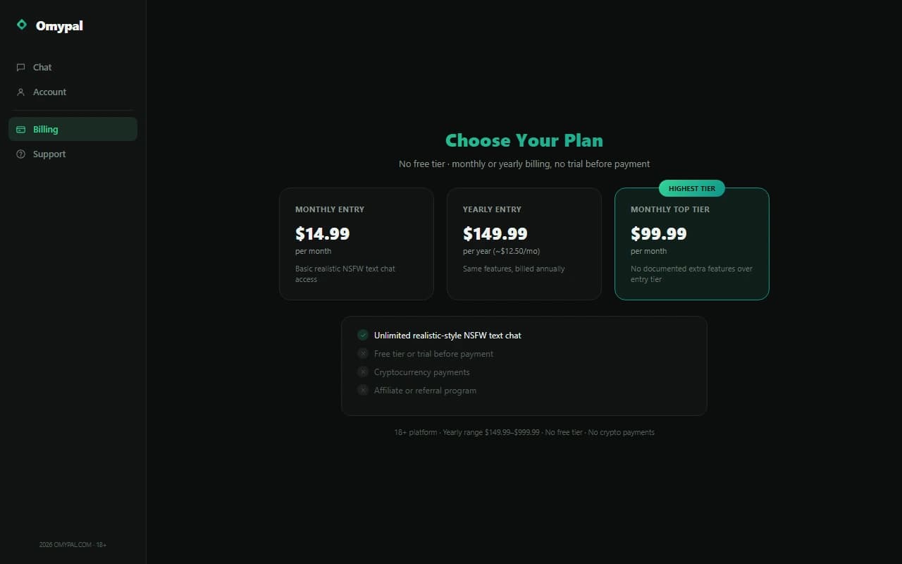 Omypal billing page showing monthly and yearly subscription plan options Omypal billing page showing monthly and yearly subscription plan options