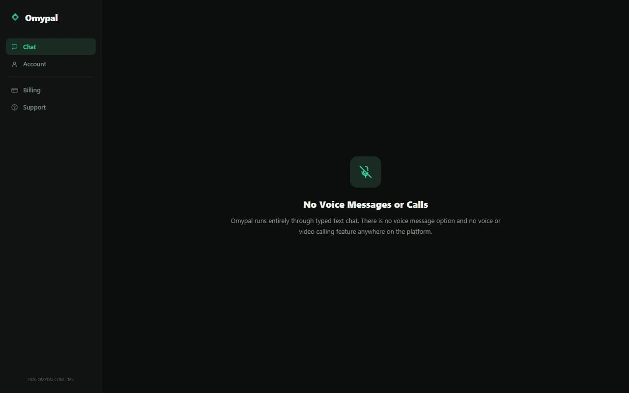 Omypal chat screen showing no voice messages or calling option is available Omypal chat screen showing no voice messages or calling option is available