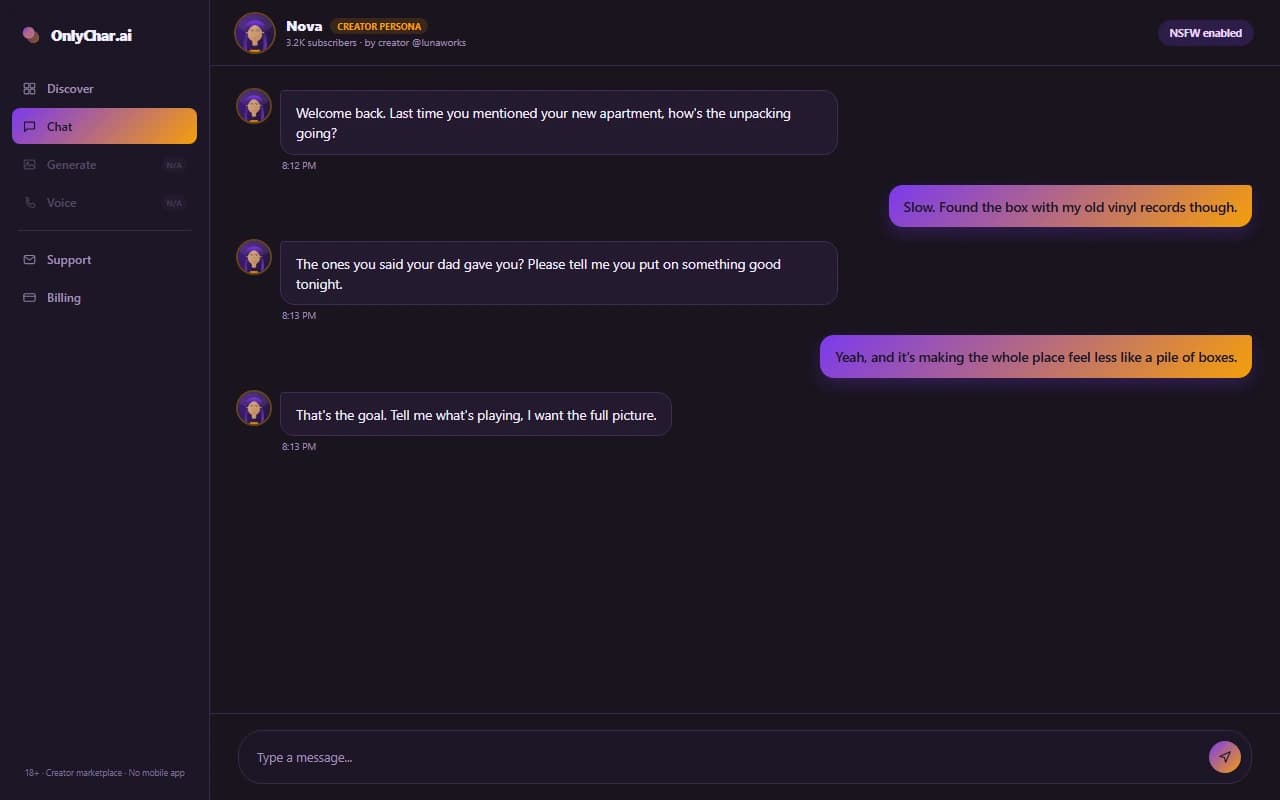 OnlyChar.ai chat interface showing a conversation with a subscribed creator-built AI persona OnlyChar.ai chat interface showing a conversation with a subscribed creator-built AI persona
