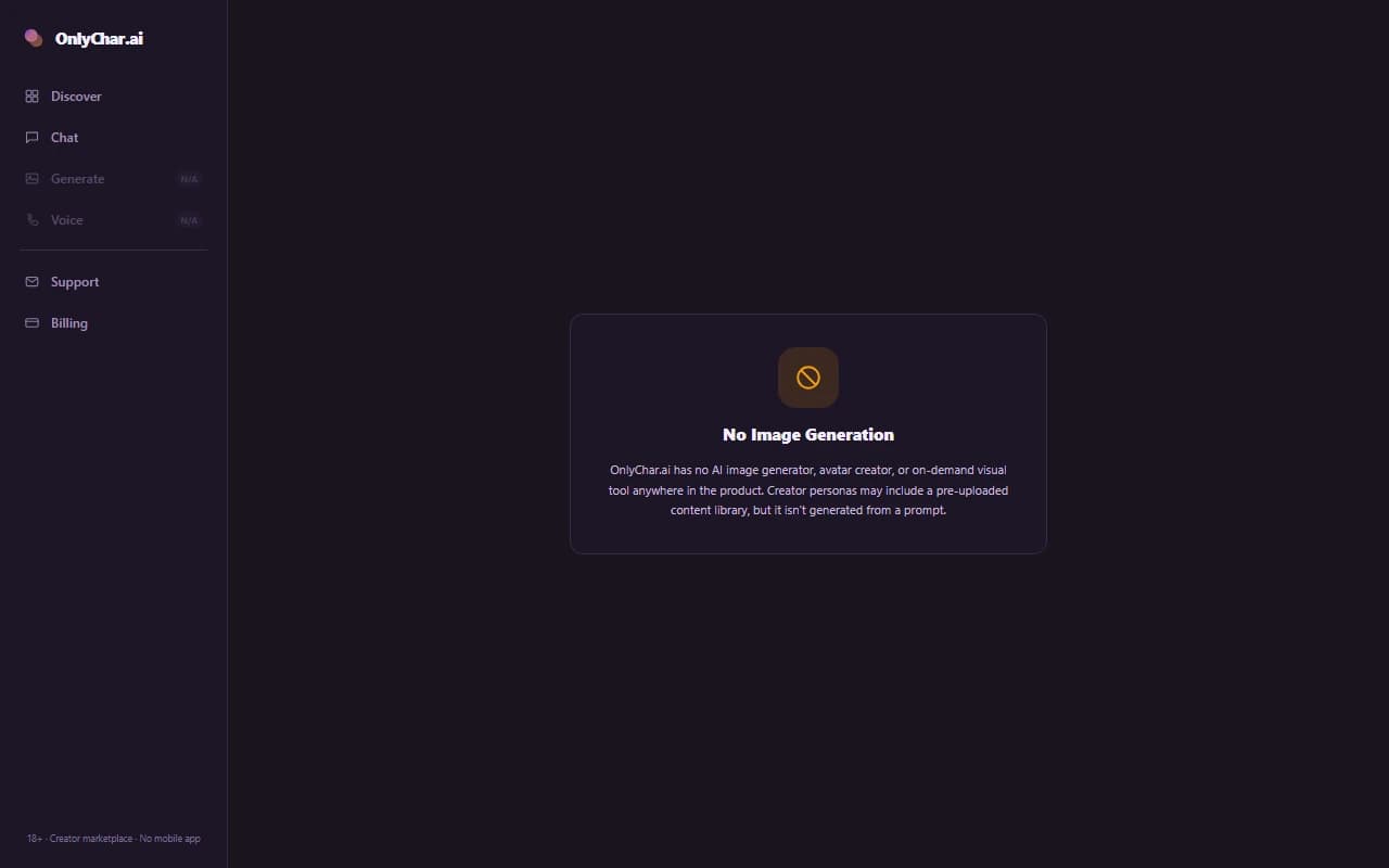 OnlyChar.ai generate screen showing that no AI image generation feature exists on the platform OnlyChar.ai generate screen showing that no AI image generation feature exists on the platform