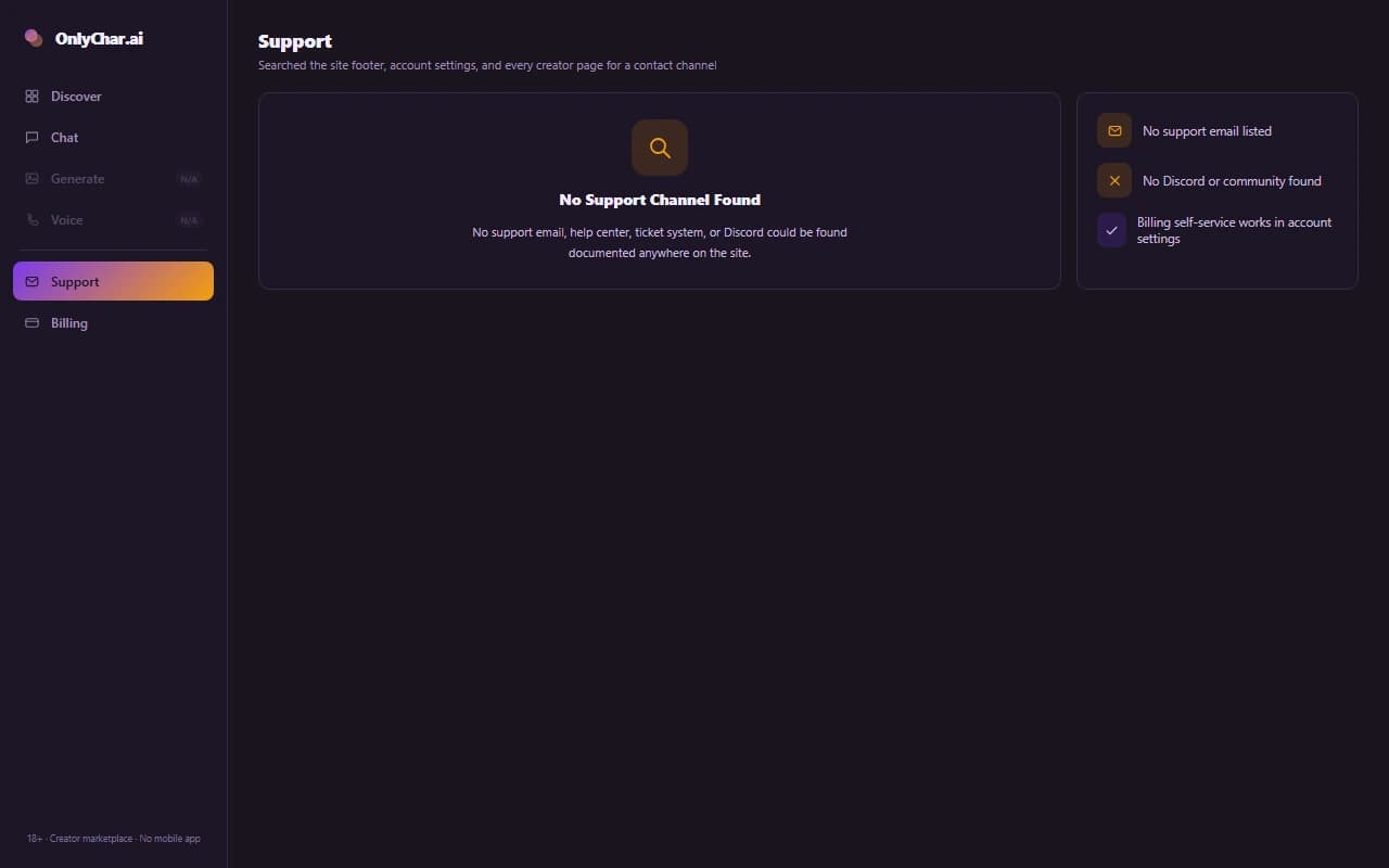 OnlyChar.ai support screen showing no support email, help center, or community channel could be found OnlyChar.ai support screen showing no support email, help center, or community channel could be found