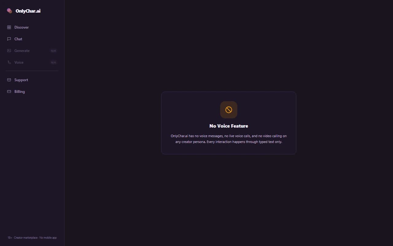 OnlyChar.ai voice screen showing that no voice messages or calling feature exists on the platform OnlyChar.ai voice screen showing that no voice messages or calling feature exists on the platform