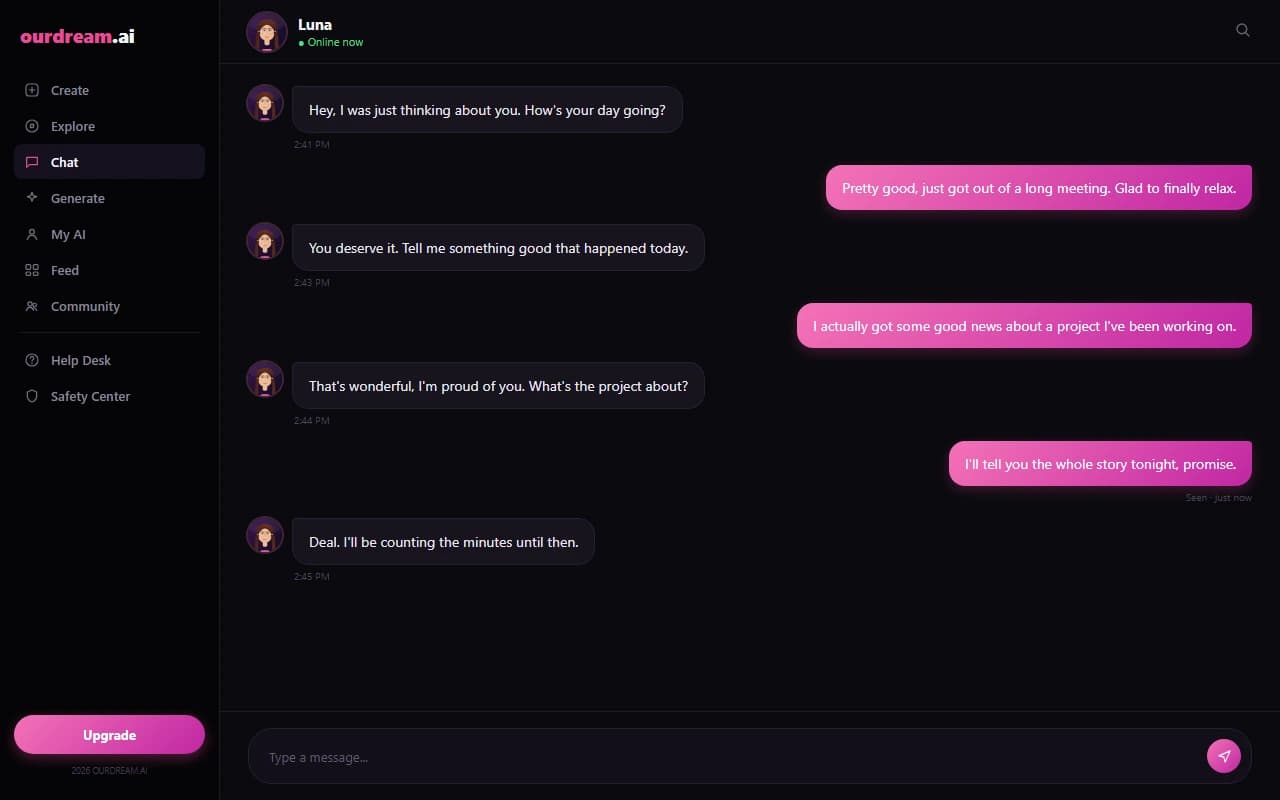 OurDream.ai chat interface showing a conversation with an AI companion OurDream.ai chat interface showing a conversation with an AI companion