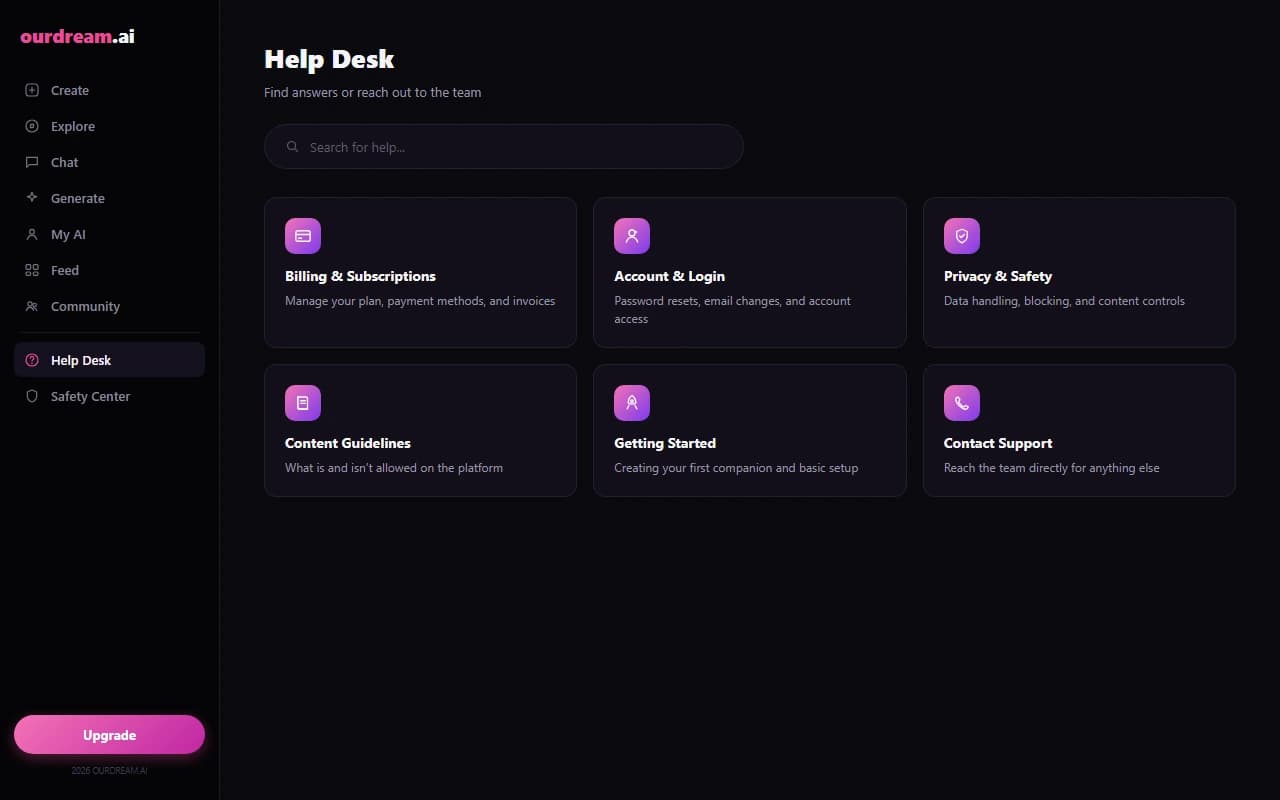 OurDream.ai help desk page with support categories OurDream.ai help desk page with support categories