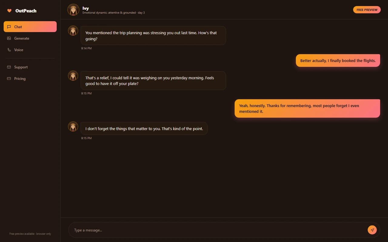 OutPeach chat interface showing an emotionally attentive conversation with an AI companion OutPeach chat interface showing an emotionally attentive conversation with an AI companion