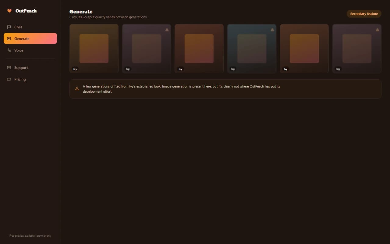 OutPeach interface showing a generated image results grid for a companion OutPeach interface showing a generated image results grid for a companion