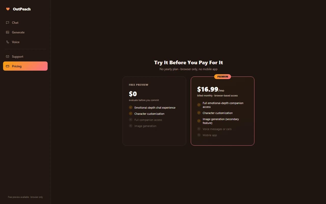 OutPeach pricing screen showing the free preview and $16.99 monthly plan OutPeach pricing screen showing the free preview and $16.99 monthly plan