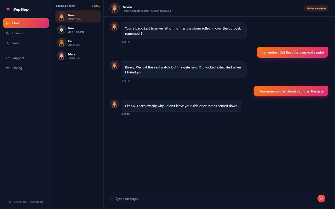 PepHop chat interface showing a roleplay conversation with an AI character PepHop chat interface showing a roleplay conversation with an AI character