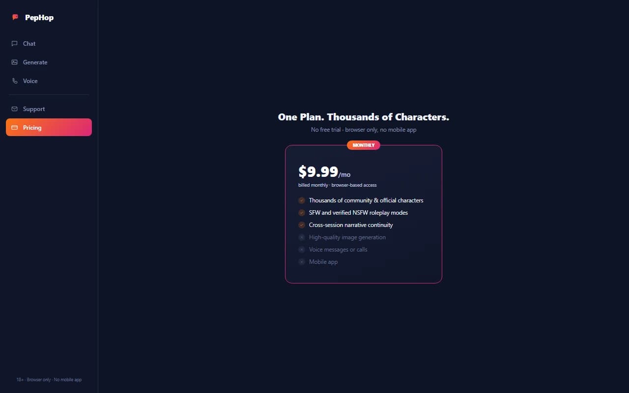 PepHop pricing page showing the monthly subscription plan PepHop pricing page showing the monthly subscription plan