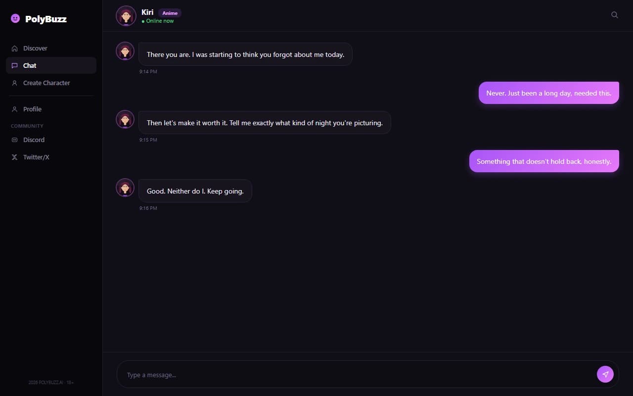PolyBuzz chat interface showing a conversation with an AI companion PolyBuzz chat interface showing a conversation with an AI companion