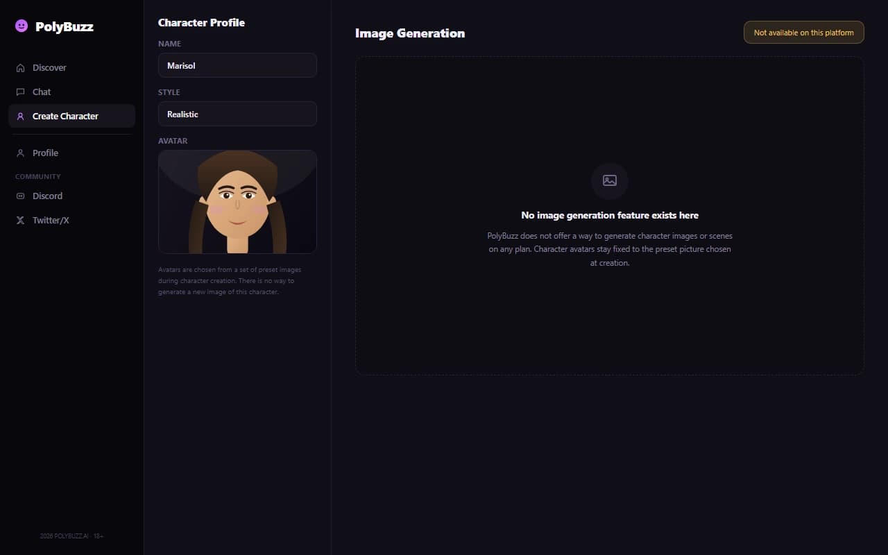 PolyBuzz character avatar generation screen showing anime, realistic, and cartoon style presets PolyBuzz character avatar generation screen showing anime, realistic, and cartoon style presets