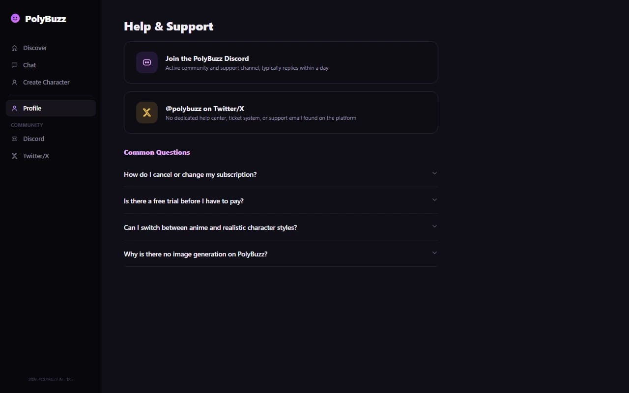 PolyBuzz help and contact screen showing Discord and social media as the primary support channels PolyBuzz help and contact screen showing Discord and social media as the primary support channels