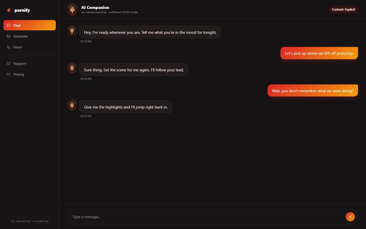 Pornify chat interface showing an unfiltered NSFW conversation Pornify chat interface showing an unfiltered NSFW conversation