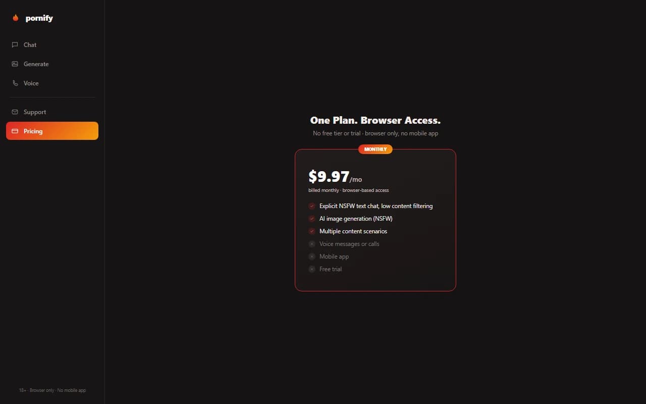Pornify pricing page showing the single $9.97 per month plan Pornify pricing page showing the single $9.97 per month plan