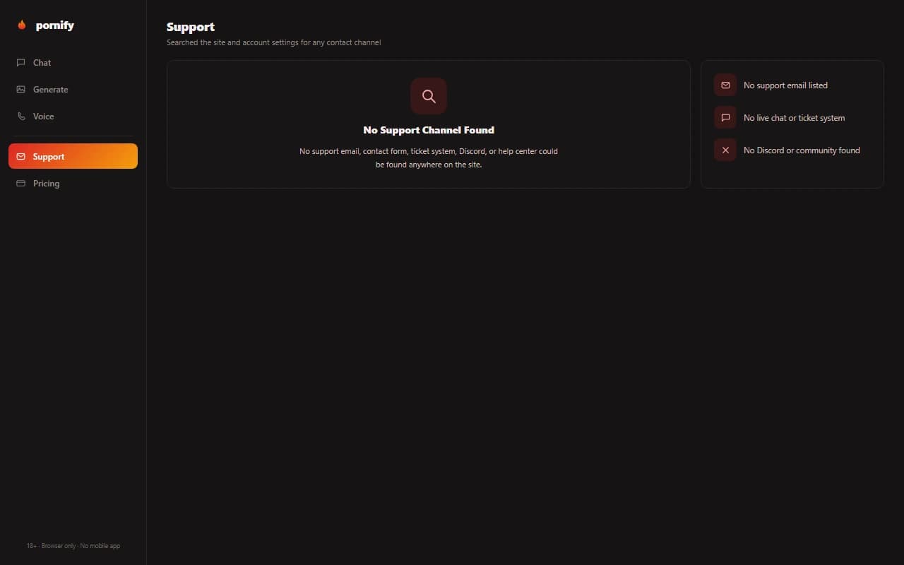 Pornify support screen showing no support email, live chat, or community channel could be found Pornify support screen showing no support email, live chat, or community channel could be found
