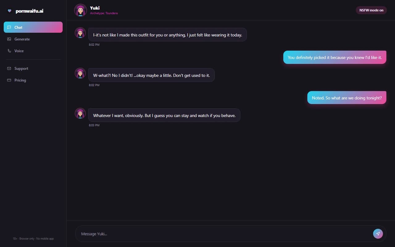 PornWaifu.ai chat interface showing a conversation with a tsundere-archetype anime character PornWaifu.ai chat interface showing a conversation with a tsundere-archetype anime character