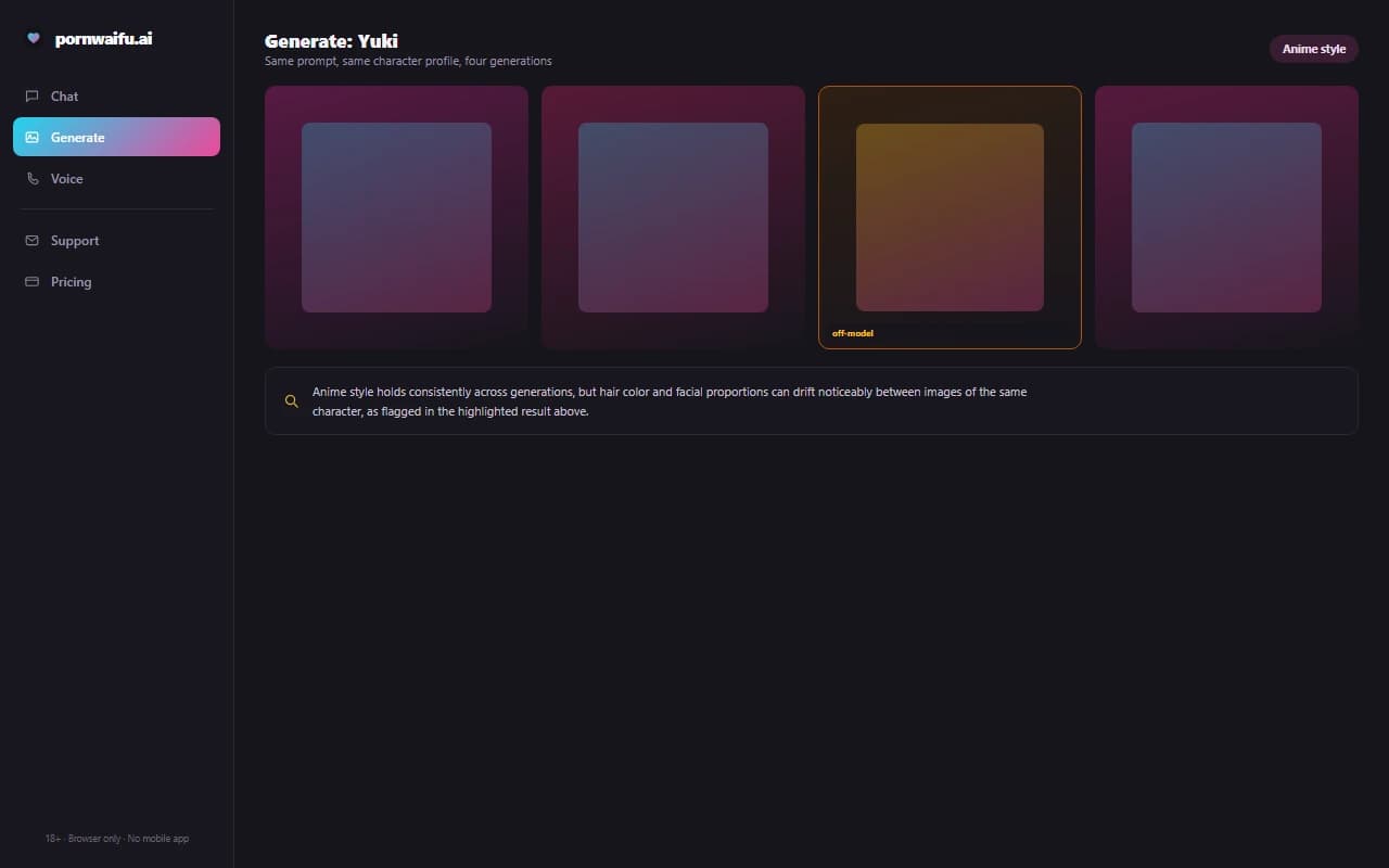 PornWaifu.ai image generation screen showing a grid of anime-style character images with visible consistency variation PornWaifu.ai image generation screen showing a grid of anime-style character images with visible consistency variation