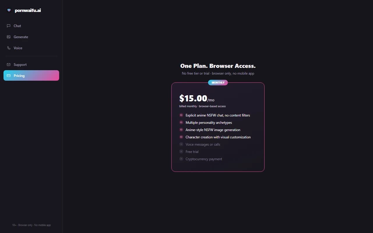 PornWaifu.ai pricing page showing the single $15 per month browser-only plan PornWaifu.ai pricing page showing the single $15 per month browser-only plan