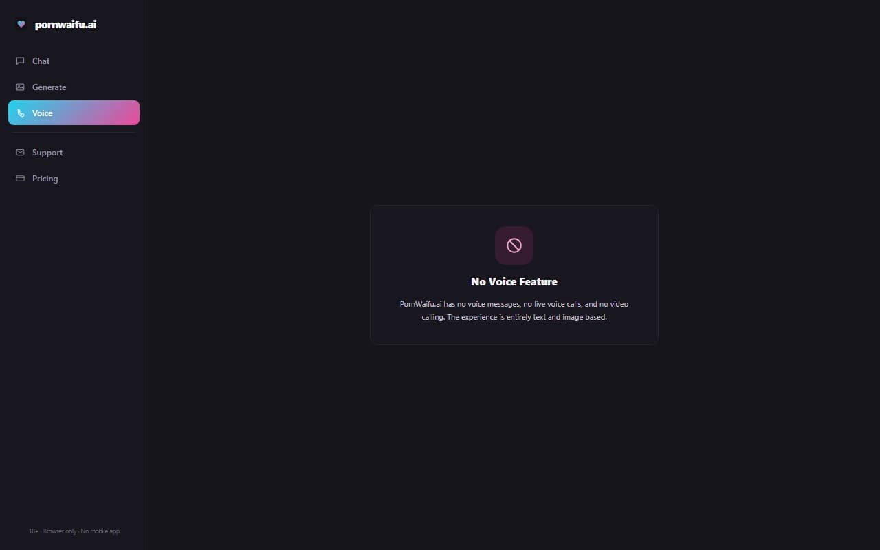 PornWaifu.ai voice screen showing no voice calling or messaging feature available PornWaifu.ai voice screen showing no voice calling or messaging feature available