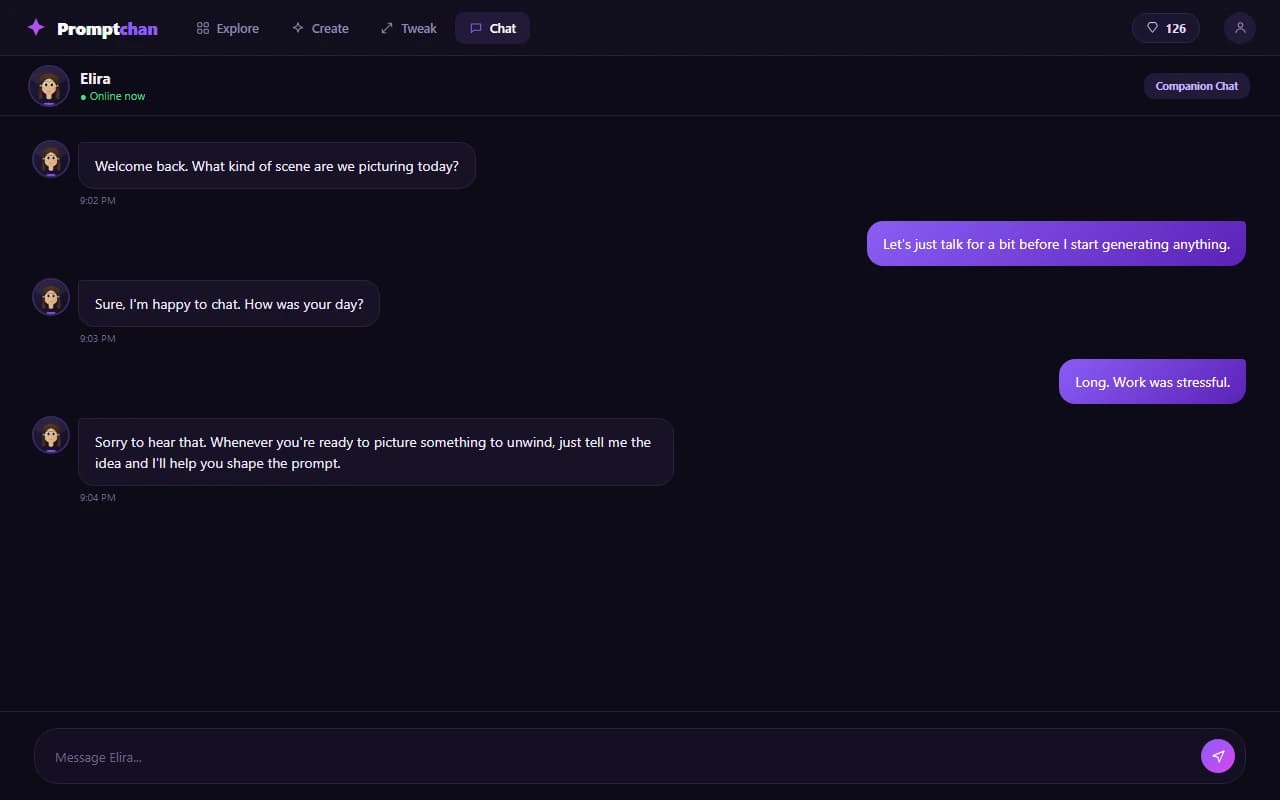 PromptChan chat interface showing a conversation with an AI companion character PromptChan chat interface showing a conversation with an AI companion character