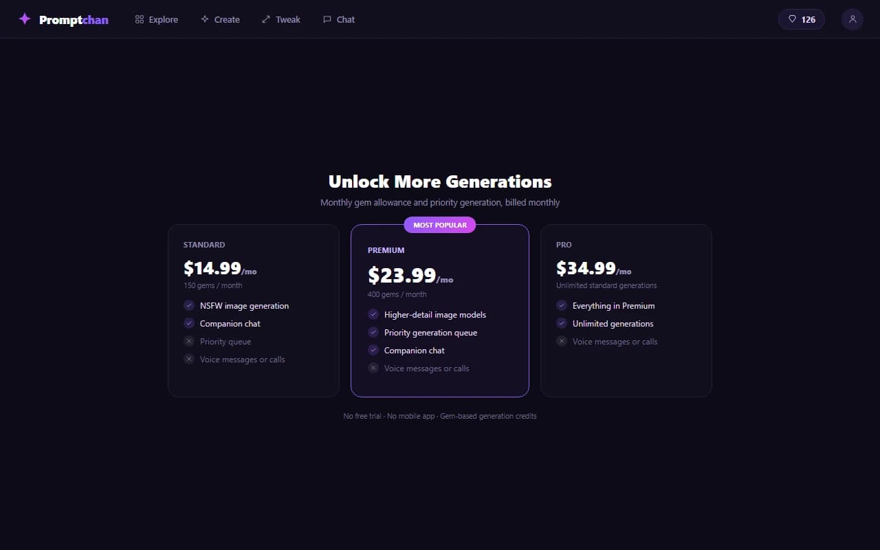 PromptChan pricing screen showing premium monthly subscription plans PromptChan pricing screen showing premium monthly subscription plans