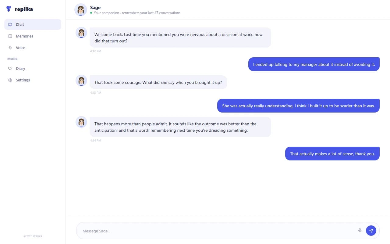 Replika chat conversation showing warm, memory-based dialogue between a user and their AI companion Replika chat conversation showing warm, memory-based dialogue between a user and their AI companion