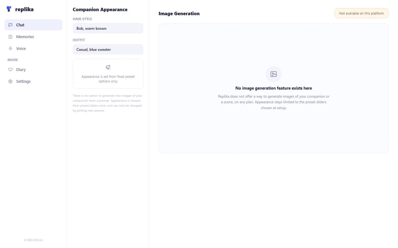 Replika interface showing no image generation option available anywhere in the app Replika interface showing no image generation option available anywhere in the app