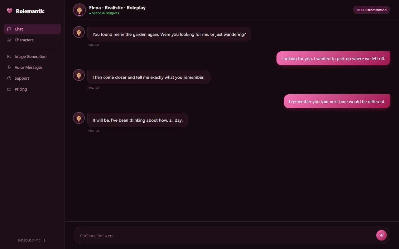 Rolemantic chat interface showing a roleplay conversation with an AI companion Rolemantic chat interface showing a roleplay conversation with an AI companion
