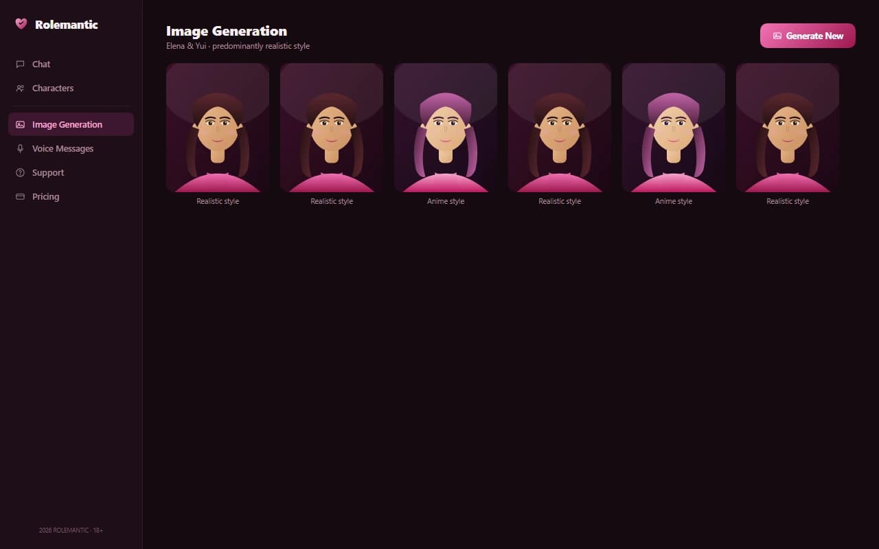 Rolemantic image generation results grid showing realistic and anime style companions Rolemantic image generation results grid showing realistic and anime style companions