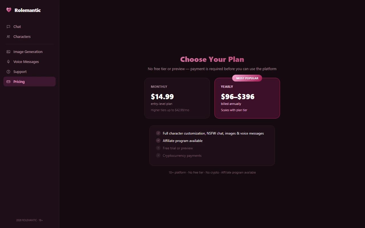 Rolemantic pricing page showing monthly and yearly subscription plans Rolemantic pricing page showing monthly and yearly subscription plans