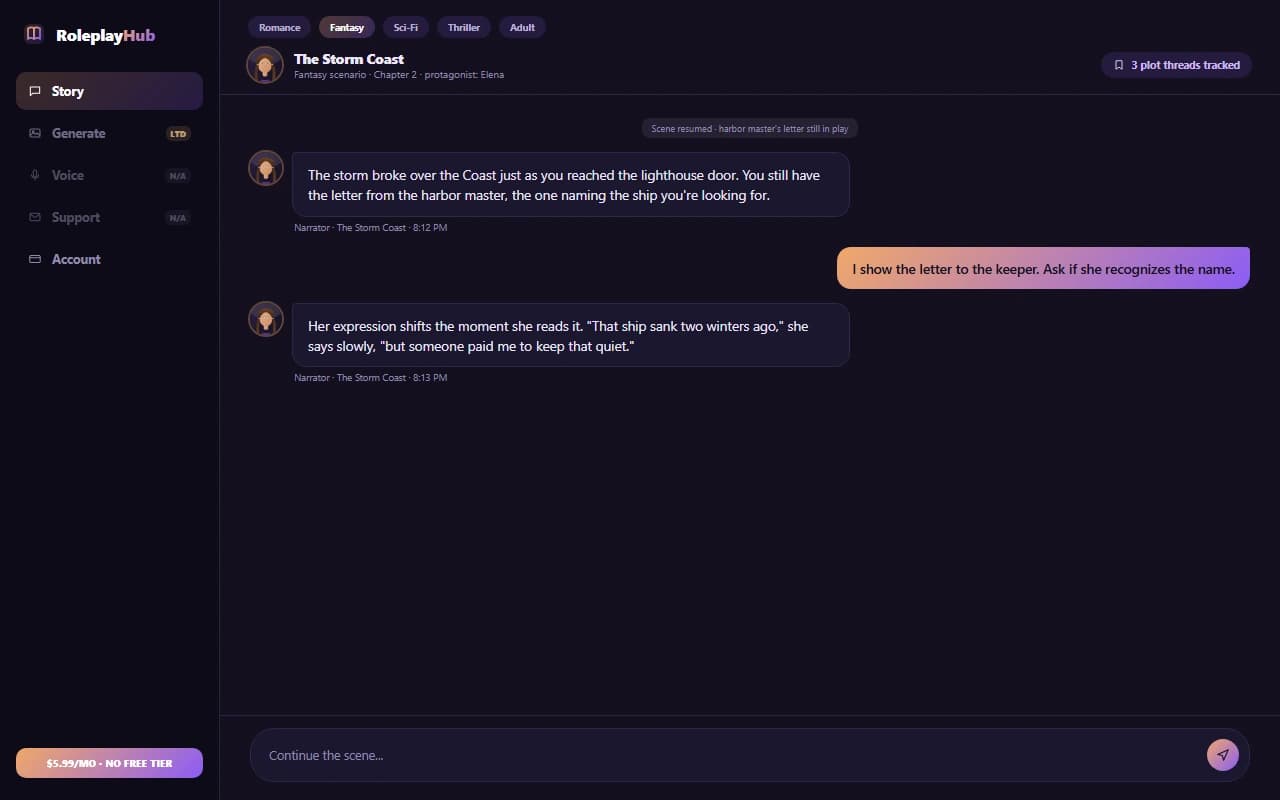 RoleplayHub chat interface showing a genre-based roleplay scenario with tracked story beats RoleplayHub chat interface showing a genre-based roleplay scenario with tracked story beats