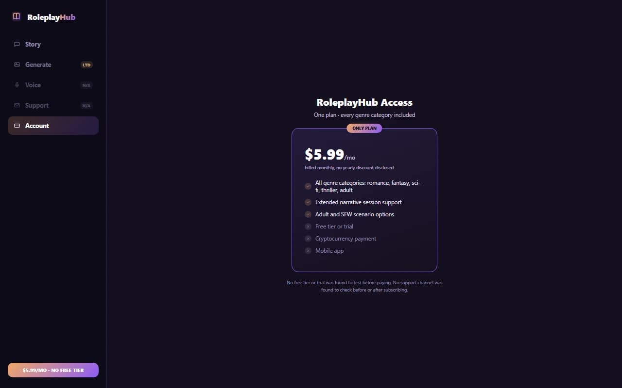RoleplayHub pricing plan showing the single $5.99 monthly subscription RoleplayHub pricing plan showing the single $5.99 monthly subscription