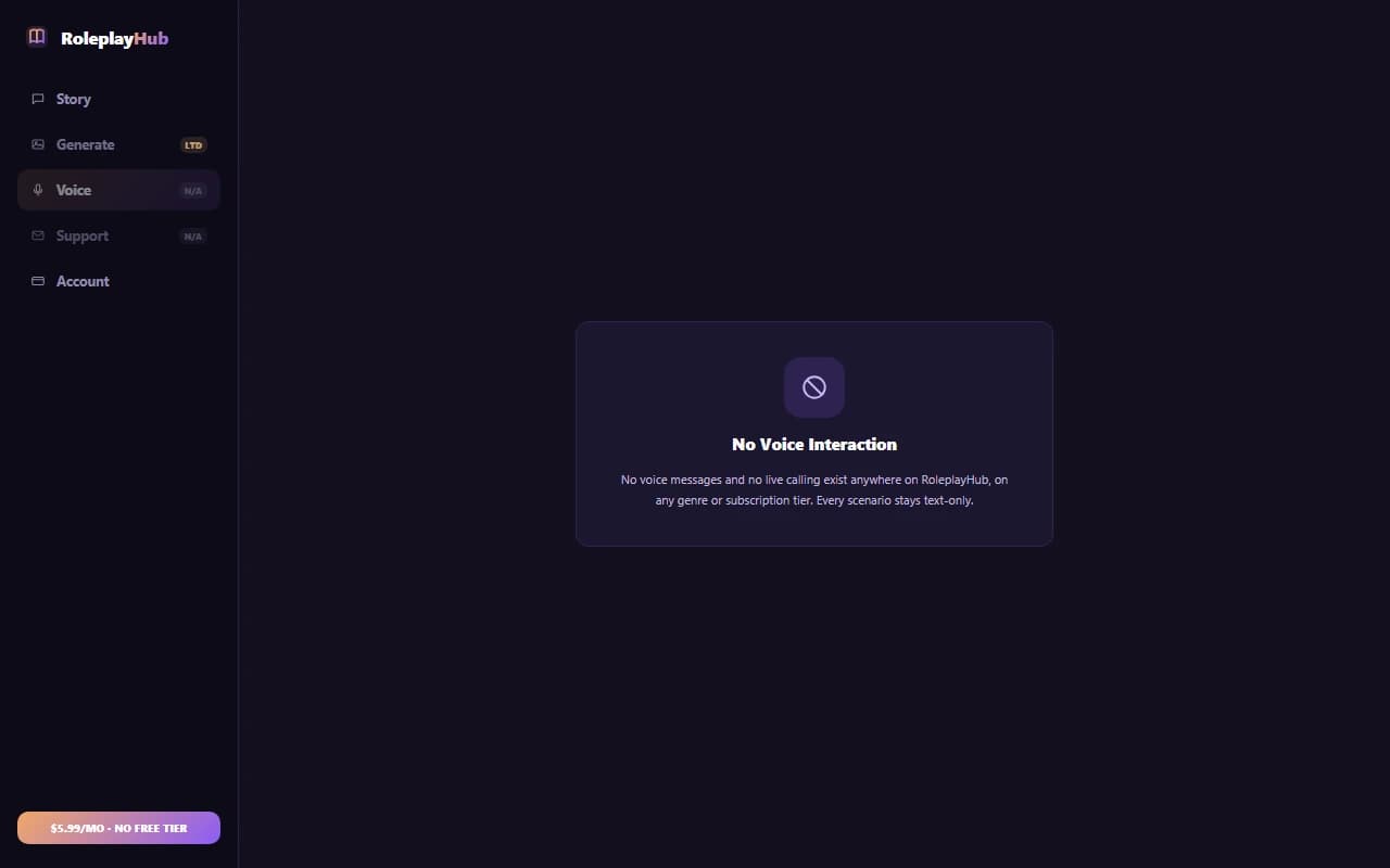 RoleplayHub chat composer with no voice message or call option available RoleplayHub chat composer with no voice message or call option available