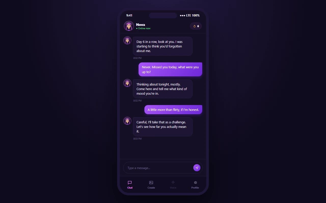 RushChat mobile chat interface showing a conversation with an AI companion and daily streak tracker RushChat mobile chat interface showing a conversation with an AI companion and daily streak tracker