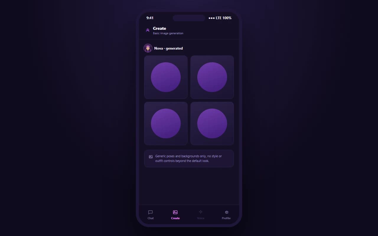 RushChat mobile image generation screen showing a grid of basic, generic-looking generated image results RushChat mobile image generation screen showing a grid of basic, generic-looking generated image results