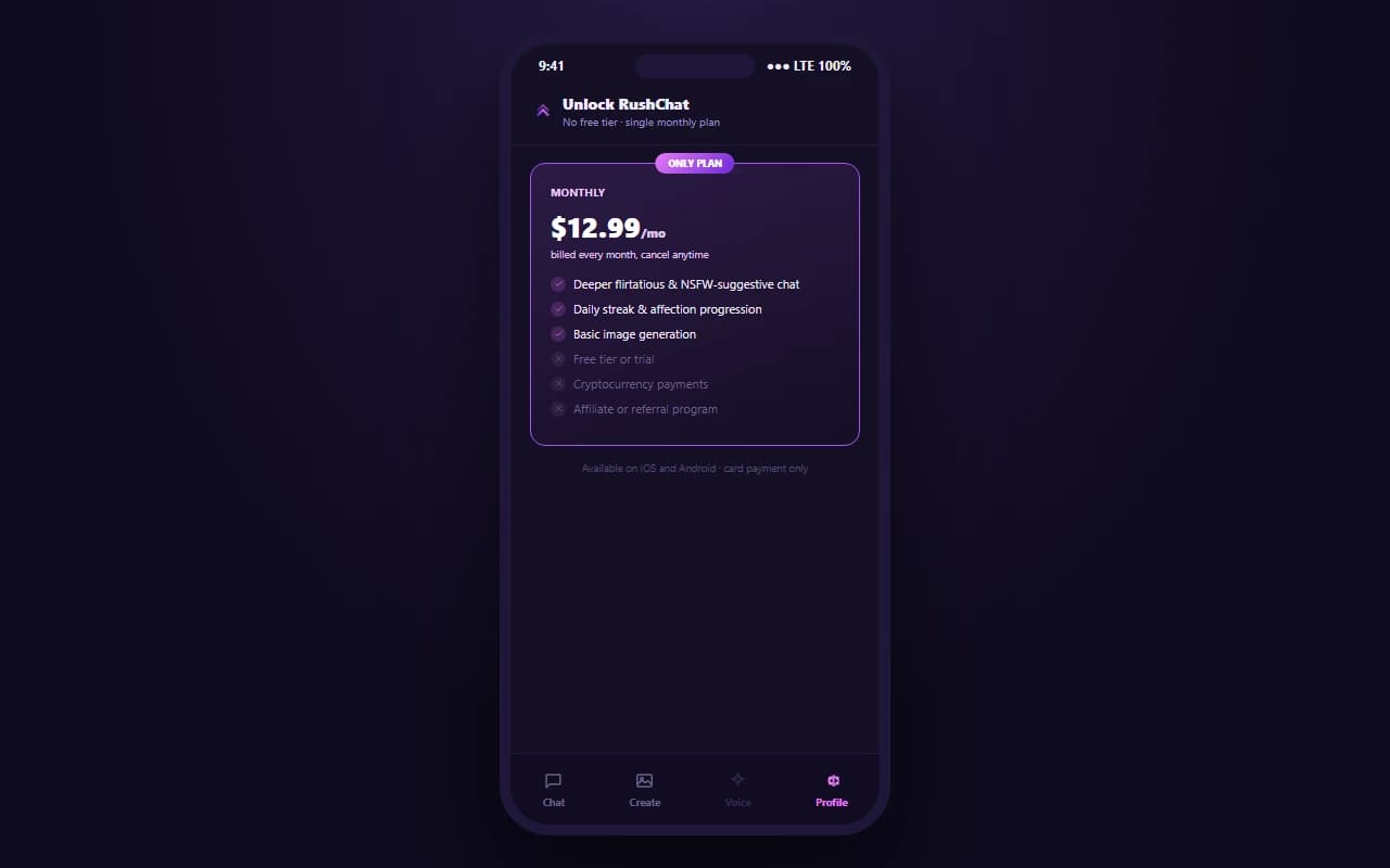 RushChat mobile pricing screen showing the $12.99 monthly subscription plan RushChat mobile pricing screen showing the $12.99 monthly subscription plan