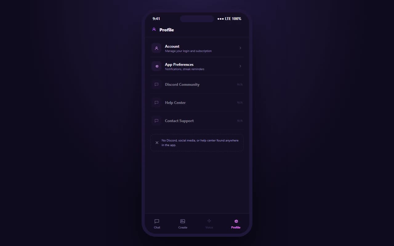 RushChat mobile settings screen showing no support channel or help center found RushChat mobile settings screen showing no support channel or help center found