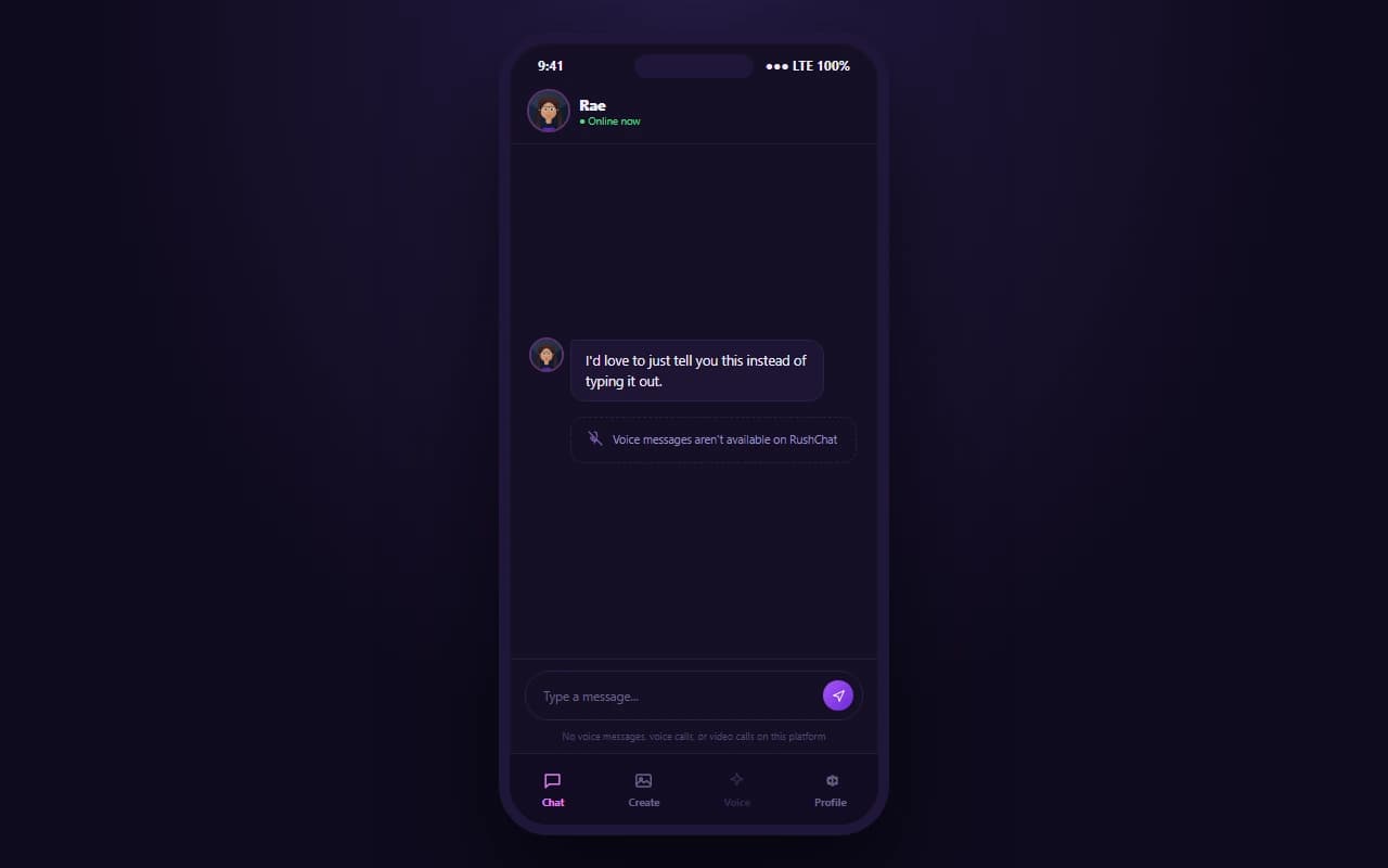RushChat mobile interface showing no voice message or calling option available RushChat mobile interface showing no voice message or calling option available