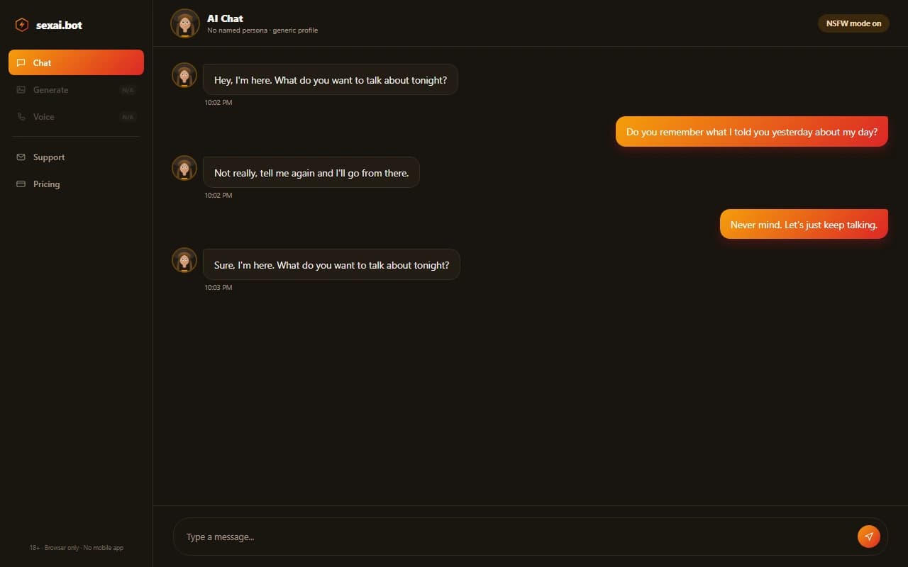 SexAI.bot chat interface showing a plain, generic explicit conversation with no named persona SexAI.bot chat interface showing a plain, generic explicit conversation with no named persona