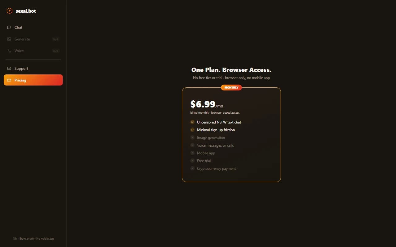 SexAI.bot pricing page showing the single $6.99 per month browser-only plan SexAI.bot pricing page showing the single $6.99 per month browser-only plan